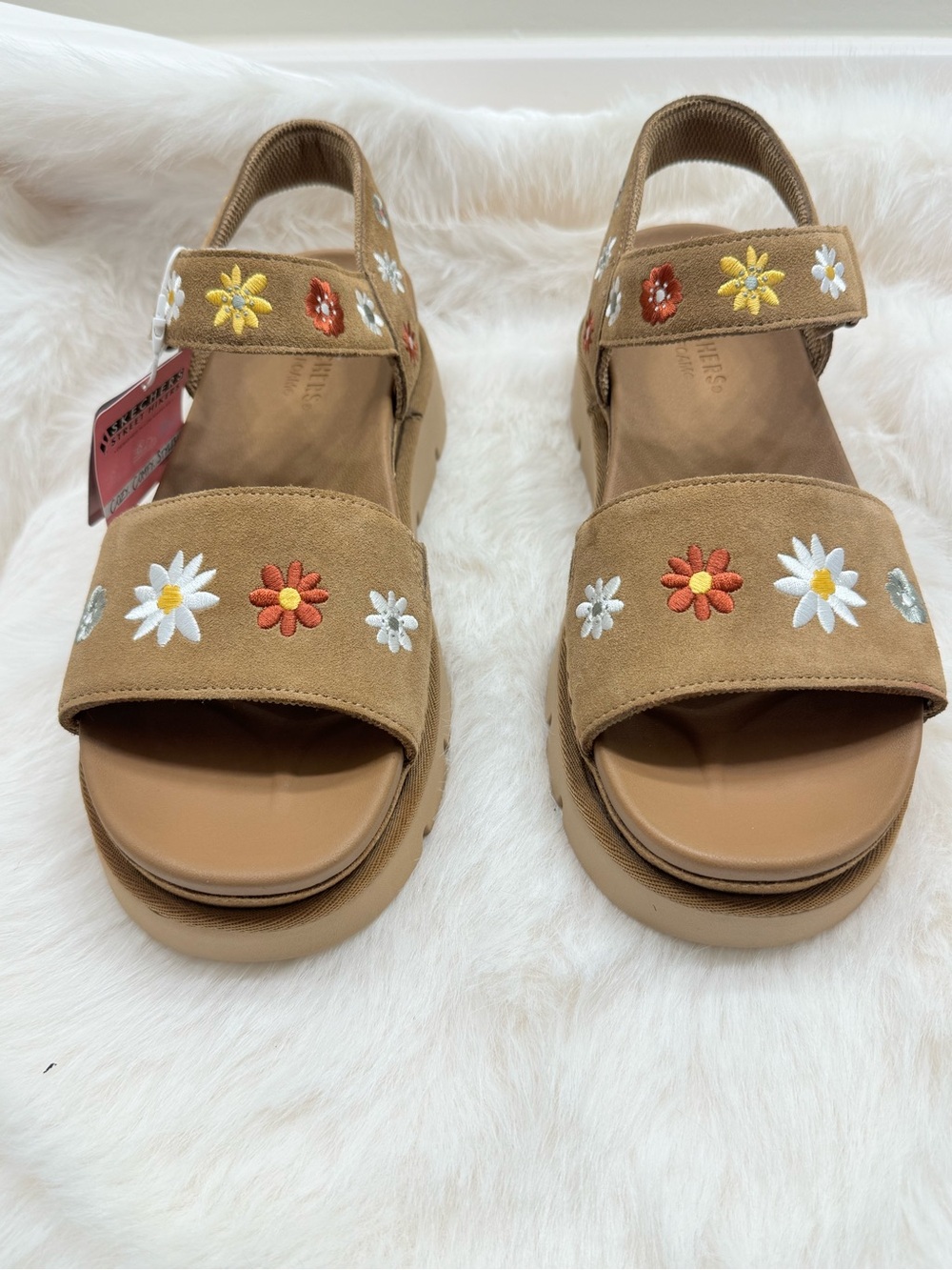 Skechers Tan Daisy Embroidered Platform Sandals